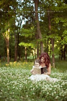 I dont like the tree coming out of her heads, otherwise a great picture, the white color draws attention but pink/yellow would have also added more contrast with white flowers around,love the emotions and posing Book Prop, Reading Photography, Serene Background, Mom Daughter Photography, Daughter Picture, Mother Daughter Poses, Mommy Daughter Pictures, White Background Photography, Daughter Pictures