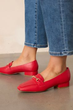 Upgrade your shoe game with our Elegant Stroll Red Vegan Leather Loafers. Made from high-quality vegan leather, these loafers offer both style and sustainability. Perfect for any stroll, they provide maximum comfort and a sleek, sophisticated look. These red loafers feature a slip on design, a small heel, a square toe, and gold hardware. Heel measures 1" Man-made Materials Non-skid sole Imported Mocassin Outfit, Red Loafers, Preppy Girls, Going Out Looks, Corporate Chic, Concert Looks, Long Crop Top, Women's Shapewear, On Design