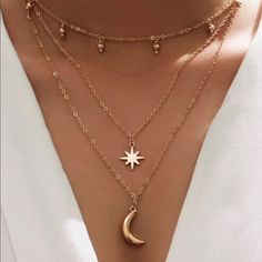 Moon Charm Layered Necklace Material Alloy Zinc Length 15.7 19.7 Gold Moon Charm Necklace For Parties, Gold Necklace With Moon Charm For Party, Star Charm Necklace, Star And Moon, Hippie Look, Moon Pendant Necklace, Casual Jewelry, Jewelry Accessories Ideas, Fancy Jewellery