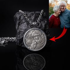 Medallion (Thick Large Relief) necklace is 925 silver and it is custom engraved with your picture and text to be written on the back. This medallion is a personal picture relief, and is obtained by embossing on a 925 silver surface. This 925 Silver relief photo medallion, which you can give as a gift to your loved ones, is a permanent and valuable gift that can be passed from generation to generation without spoiling for centuries. Check the link for details. He And She, Couple Necklace, Jewelry Logo, Christmas Necklace, Photo Necklace, Couple Necklaces, Photo Engraving, Medallion Necklace, Unique Gifts For Her