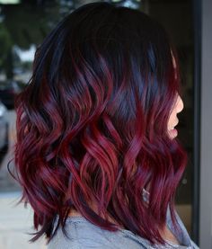 Glossy Black And Burgundy Hair Black And Burgundy Hair, Pelo Color Vino, Burgundy Hair Dye, Burgundy Balayage, Wine Hair Color, Maroon Hair, Dyed Tips, Hair Dye Tips, Red Ombre Hair