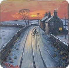 a painting of a person riding a bike on a snowy road at sunset with buildings in the background