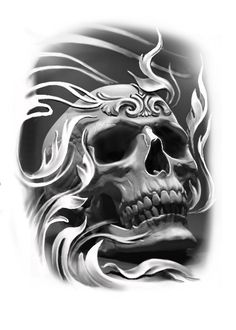 a black and white photo of a skull with flames