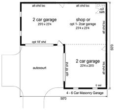 the floor plan for a garage with two car spaces and an additional living room area