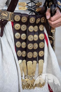 a person wearing an elaborate belt with gold decorations on it's chest and back