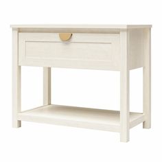 a white wooden table with two drawers on one side and a drawer on the other