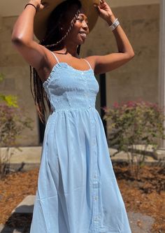 Picnics, beach days, brunches and showers! This fun and flirty light blue sundress is so versatile and is perfect in any setting. Feel light and free, comfy and stylish! This dress features a front button closure, is mid calf length and boasts adjustable straps. It fits true to size. Model is 5’6 and is wearing a size Medium. 100% polyester Midi dress Fit and flare Adjustable spaghetti strap Pockets Front button closure Sweetheart neckline Light Blue Sundress, Blue Sundress, Beach Days, Beach Day, Sweetheart Neckline, Mid Calf, Fit And Flare, Sundress, Baby Blue