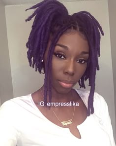 Pretty Dreads Styles, Two Ponytails With Locs, Black Women With Purple Hair, Purple Locs Black Women Natural Hair, Ponytail Dreads, Purple Locs On Dark Skin