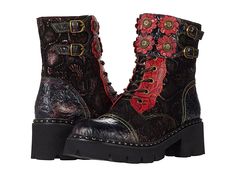 L'Artiste by Spring Step Limitless - Women's Boots : Red Multi : Please note that due to the unique hand-painted design of L'Artiste by Spring Step footwear, the exact design may vary from piece to piece. Be unique and on top of your game, just like the L'Artiste by Spring Step Limitless boot. Detailed with double buckle straps. Traditonal lace up styling. Cushioned footbed for all day wear. Staked heel with lug bottom. Weight of footwear is based on a single item, not a pair. Leather crafted up Flower Punk Fashion, Red Moto Boots With Round Toe For Fall, Red Leather Lace-up Moto Boots, Red Lace-up Leather Moto Boots, Fall Red High-top Moto Boots, Red High-top Moto Boots For Fall, Red High-top Moto Boots, Hand Painted Boots, Painted Boots