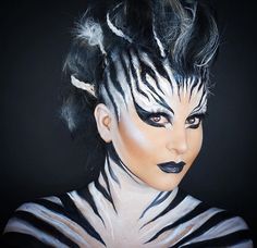 Zoo Animal Makeup, Animal Costume Makeup, Zebra Makeup Halloween, Zebra Makeup Look, Animal Inspired Makeup, Zebra Costume Makeup, Zebra Face Paint, Zebra Body Painting, Zebra Halloween Costume