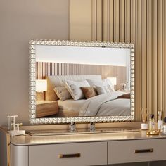 a bedroom with a large mirror on the wall