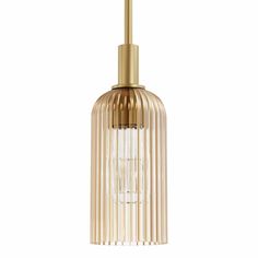 a brass colored pendant light hanging from the ceiling