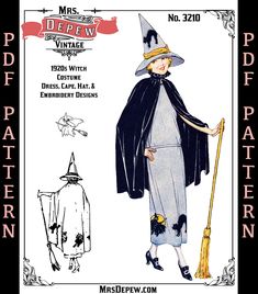 an old fashion sewing pattern for a witch costume with a long cape and hat, holding a broom