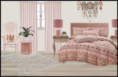 a bedroom with pink and white bedding, curtains, rugs, table and chair