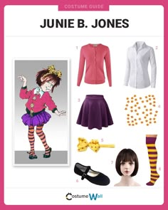 the costume guide for june b jones is shown in pink, purple and yellow colors