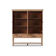 an oak bookcase with two drawers on one side and three doors on the other