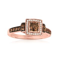 LeVian - Le Vian "Chocolatier" .53ct t. w. Chocolate Diamond Ring, Vanilla Diamond Accents in 14kt Strawberry Gold. Size 7. With a rich history dating back to the 15th century, Le Vian jewelry is well known for its decadent designs and innovative use of color. With a stately step-style design, this high-contrast "Chocolatier" ring presents a .30 carat round brilliant-cut brown diamond in an icy square frame of round brilliant-cut white diamond accents. Set in polished 14kt rose gold with .23 ct. Turquoise Jewelry Rings, Chocolate Diamond Ring, Brown Diamond Ring, Levian Jewelry, Chocolate Diamond, Queen Jewelry, Chocolate Diamonds, Diamond Birthstone, Le Vian