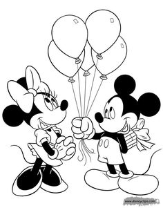 mickey and minnie mouse with balloons in the air coloring pages for kids to print out