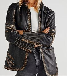 Free People Rock Ready Embellished Leather Jacket XS BNWT Free Ship Sales Receipt, Glam Rock, Gold Brass, Hot Outfits, Black Fits, Soft Black, Jacket Style, Boho Outfits, Clothing Items