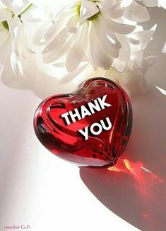 a red heart shaped glass with the words thank you on it next to white flowers