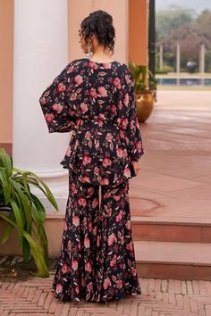 Black kimono kurta with all over floral print and placed sequin threadwork. Comes with matching sharara. - Aza Fashions Sharara For Women, Kurta With Sharara, Floral Print Kimono, Black Kimono, Aza Fashion, Fashion Set, Types Of Sleeves, Black Women, Custom Made