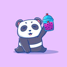 a panda bear is holding up a drink