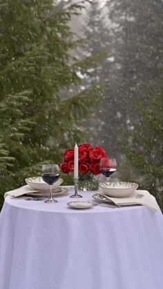 the table is set for two with red roses on it