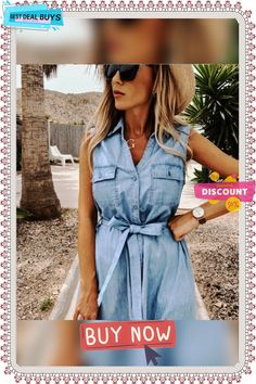 Denim Dress with Single-breasted Closure, Sleeveless Design, and Lace-up Detail Sleeveless Denim Dress With Pockets For Day Out, Chic Sleeveless Denim Dress For Day Out, Summer Denim Vest For Day Out, Sleeveless Buttoned Denim Dress For Day Out, Sleeveless Denim Vest With Pockets For Day Out, Chic Sleeveless Denim Dress For Vacation, Sleeveless Denim Vest For Summer Day Out, Blue Denim Vest For Summer Day Out, Chic Summer Denim Vest For Day Out