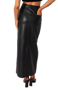 Maximize the modern sophistication of your everyday style with this stunning faux-leather column skirt. Zip fly with hook-and-bar closure Front slant pockets; back patch pockets Partially lined 100% rayon with polyurethane coating Hand wash, line dry Imported Long Black Faux Leather Skirt, Full Length Black Leather Skirt, Luxury Black Faux Leather Skirt, Black Leather Skirt With Zipper Closure, Sleek Knee-length Faux Leather Skirt, Column Skirt, Back Patch, Nordstrom Store, Black Fits