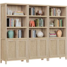 an open bookcase with books and vases on the top shelf, against a white background