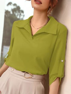 Women's Lapel Collar Short Sleeve Shirt Olive Green Casual  Long Sleeve Fabric Plain Top Slight Stretch Spring/Fall Women Clothing, size features are:Bust: ,Length: ,Sleeve Length: Green Casual Collared Top, Green Button-up Top For Work, Green Button-up Top For Office, Casual Olive Button-up Tops, Green Solid Color Button-up Top, Notch Collar Shirt, Pleated Blouse, Lace Jacket, Roll Up Sleeves