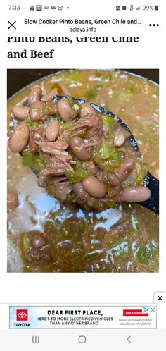 a spoon full of beans and beef in a pot with the caption, eat first place