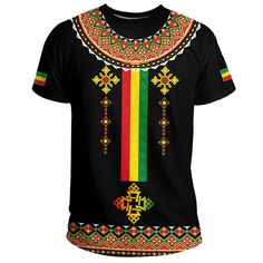 Ethiopia Lion Style Pattern T-shirt Our Unisex T-shirt is made of a premium polyester blend, offering maximum comfort with a soft feel. It boasts an all-over print design created through a high-definition heat-dye application that ensures vibrant and long-lasting colors even after multiple washes. This T-shirt’s fabric is durable and resistant to wrinkles, shrinking, and mildew, ensuring its longevity. The thread line color is limited to black or white. Every T-shirt is custom printed, cut, and Casual Black Sublimation Design Shirt, Casual Black Sublimation Printed Design, Black Crew Neck T-shirt With Digital Print, Black Cotton T-shirt With Digital Print, Black Graphic Tee With Printing, Black Printed Graphic Tee Shirt, Streetwear Short Sleeve T-shirt With Digital Print, Short Sleeve Digital Print T-shirt For Streetwear, Multicolor Crew Neck Shirt With Printing