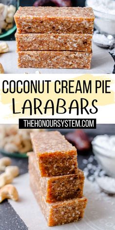 coconut cream pie larabars stacked on top of each other with nuts in the background