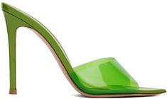 Handcrafted patent leather heeled mules in green. · Open pointed toe · Transparent vinyl strap at vamp · Covered stiletto heel with rubber injection · Leather outsole in beige · Heel: H4 in Supplier color: Kiwi | Gianvito Rossi Green Elle Heeled Sandals Modern Green Mules With Sculpted Heel, Chic Green Patent Leather Heels, Modern Green Heels, Green Patent Leather High Heel Sandals, Green Patent Leather Summer Heels, Green Pointed Toe Mules For Party, Green Heels With Sculpted Heel And Single Toe Strap, Green Patent Leather Heels For Summer, Green Patent Leather Spring Heels