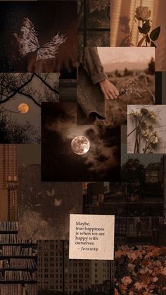 a collage of photos with the moon in the sky and trees on it's side