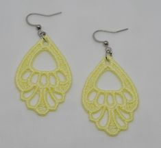 Lace  earrings are light weight and comfort to wear, cute & lovely for any outfit or just for brighten up your day. They can be a wonderful gift for yourself or a friend! Lace chandelier  earrings are available in about  and 5.00cm (1.97 inches) without hooks and are attached to hypoallergenic surgical steel hooks.   MATERIALS: ☑ Surgical Steel hooks and Rubber Backs.  ☑ 100% polyester Each piece that you will find in the collection is made one at a time, with carefully selected materials, and m Delicate Summer Wedding Earrings, Handmade Elegant Adjustable Chandelier Earrings, Handmade Adjustable Elegant Chandelier Earrings, Adjustable Chandelier Earrings As Gift, Delicate Handmade Dangle Earrings, Delicate Summer Jewelry With Matching Earrings, Handmade Yellow Teardrop Earrings, Handmade Yellow Teardrop Earrings As A Gift, Handmade Yellow Teardrop Earrings Gift