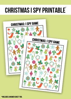 christmas i spy printables are shown in two different colors and designs, one is green