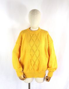 Vintage relaxed fit retro hand knit vibrant yellow wool sweater.  Size: 14 UK M Medium  Bust: 44"  Pit to pit: 22"  Pit to cuff: 18.5" Collar to cuff: 27.5" Length: 25"  She is in lovely condition and comes from a smoke free home.  Please do contact us for more information or if you would like to combine postage on multiple items. Retro Yellow, Sweater Jumper, Jumper Sweater, Wool Sweater, Women Pullover, Wool Sweaters, Sweater Outfits, Pullover Sweaters, Hand Knitting