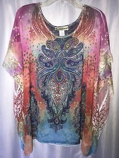 Seventh-Avenue-Lace-Trim-Sheer-Caftan-Top-Blouse-Pink-Purple-Blue-Muli-Size-L Multicolor Flowy Tunic Blouse, Flowy Multicolor Tunic Blouse, Multicolor Tunic Blouse For Summer, Multicolor Printed Short Sleeve Tunic, Multicolor Tunic Top For Vacation, Multicolor Flowy Tunic Top, Multicolor Tunic Blouse For Festivals, Multicolor Long Sleeve Top In Free Size, Blue Printed Tunic Blouse