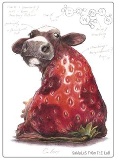 a drawing of a cow sitting next to a strawberry