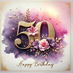 a birthday card with the number fifty five in gold and pink flowers on purple watercolor background