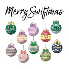 christmas ornaments hanging from strings with the words merry suftmass