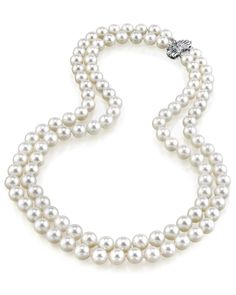 This 9-10mm white freshwater double strand pearl necklace is certain to grab the attention of anyone who sees this beauty. This pearl necklace is compiled of two GEM-quality strands of hand picked white freshwater pearls with 'Very High' grade luster, our highest grade available. The pearl color on this strand is white and the necklace comes affixed with a beautiful 14K gold clasp. If you have any questions regarding this necklace, feel free to call us anytime at 1-866-87-Pearl (1-866-877-3275). Double Strand Pearl Necklace, Akoya Pearl Necklace, Freshwater Pearl Jewelry, Double Strand Necklace, Cultured Pearl Necklace, Buy Necklace, White Gold Necklaces, Freshwater Pearl Necklace, Fresh Water Pearl