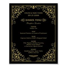 a black and gold wedding menu with ornate design on the front, in an ornate frame