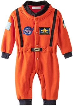 an orange baby jumpsuit with patches on the chest and collar, is shown in front of a white background