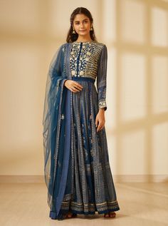 Shyam Narayan Prasad-Navy Blue Anarkali Set-INDIASPOPUP.COM Navy Blue Anarkali, Kurta With Dupatta, Blue Anarkali, Long Kurta, Casual Tunics, Navy Blue Fabric, Blue Block, Indian Ethnic Wear, Embroidery Details