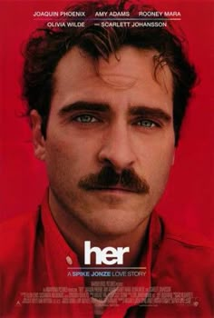 the movie poster for her with a man's face and mustache