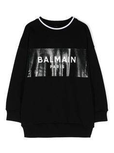 black cotton jersey texture logo print to the front ribbed trim stripe detailing at the neckline crew neck drop shoulder long sleeves straight hem Balmain Sweater, Balmain Collection, Balmain Blazer, Texture Logo, Gucci Baby, Versace Designer, Kenzo Kids, Kids Logo, Italian Fashion Designers