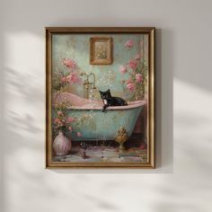 a painting of a cat sitting in a bathtub with pink flowers on the wall